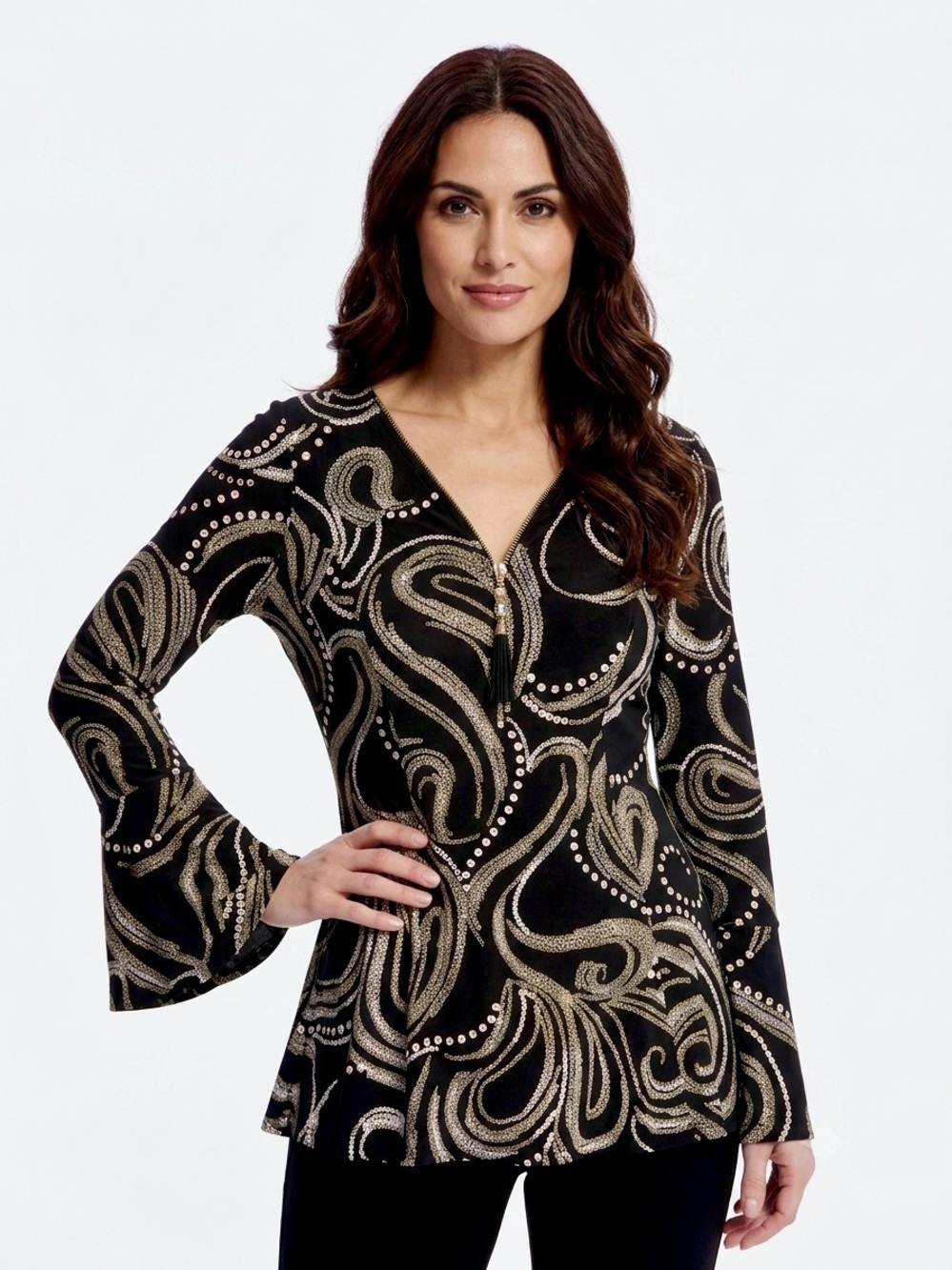 Joseph Ribkoff Geometric Dotted Zip-Front Bell Sleeve Tunic Top Women's 16